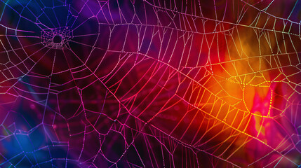 Beautiful pattern of water droplets on abstract spiderweb against colorful background