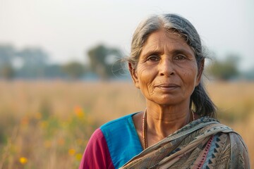 Wall Mural - Portrait of a tender indian woman in her 50s showing off a lightweight base layer isolated in quiet countryside landscape