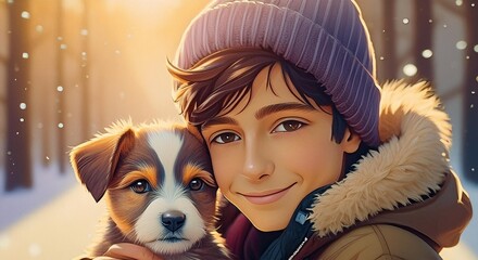 Wall Mural - A boy  with his best friend the  dog