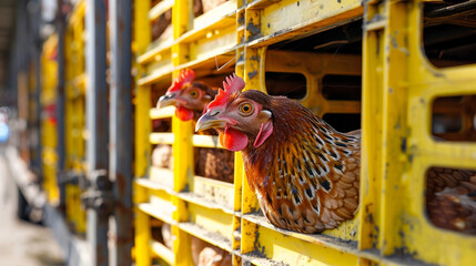  Chicken transportation by truck from livestock farm to the food factory. Poultry industry. Avian influenza A(H5) virus or H5 bird flu concept. Livestock transport by trailer. Chicken in yellow crates