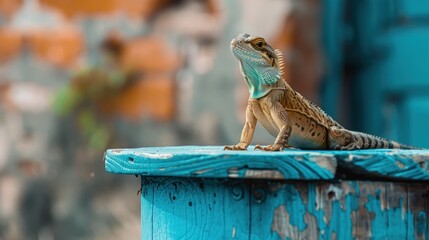 Wall Mural - A lizard is sitting on a wooden table. Generate AI image