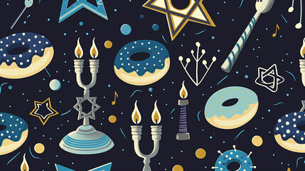 A blue and white pattern of donuts and candles with a star and a music note