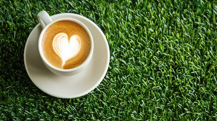 Wall Mural - Heart texture on latte art design atop a hot coffee cup with artificial grass background for text space