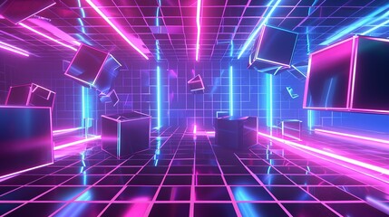 Wall Mural - Futuristic neon cubes floating in digital grid space. Dynamic 3D geometric shapes with vibrant colors. High-tech cyberpunk design ideal for technology themes, science fiction and virtual world visuals