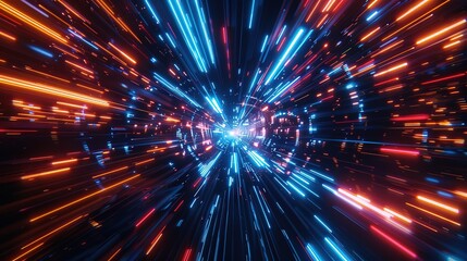 Wall Mural - Futuristic neon lights streaming through space tunnel at high speed. Dynamic luminous streaks evoking sense of motion and energy. Perfect for tech themes, sci fi designs and high speed visual