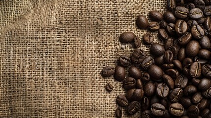 Wall Mural - Detailed view of spilled black coffee bean in burlap fabric