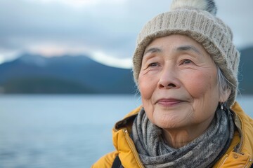 Wall Mural - Portrait of a satisfied asian woman in her 80s donning a warm wool beanie over serene lakeside view