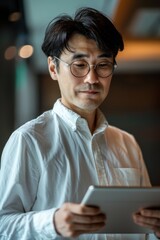 Wall Mural - Portrait of a Japanese environmental engineer analyzing recycling data on a tablet, high quality photo, photorealistic, focused expression, well-lit setting