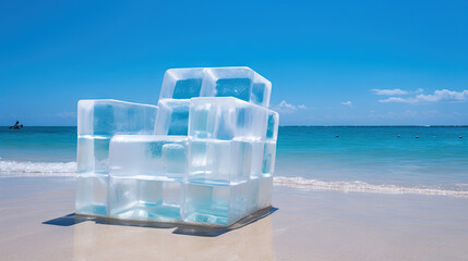 Ice chair on the beach, refreshing concept. Vacation on the hot shore with cold chair.