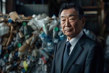 Wall Mural - Portrait of a Japanese manager overseeing the recycling process, high quality photo, photorealistic, confident expression, studio lighting