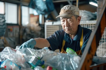 Wall Mural - Portrait of a Japanese worker loading plastic waste into a recycling machine, high detail, photorealistic, precise action, studio lighting