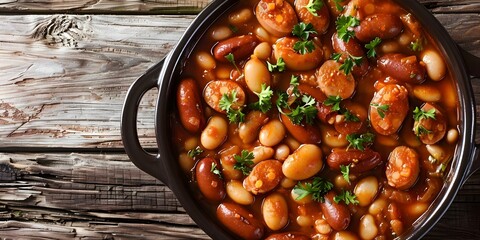 Wall Mural - Closeup of pot with homemade beans and franks garnished with fresh herbs. Concept Cooking, Food Photography, Homemade Recipes, Comfort Food, Culinary Art