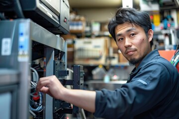 Wall Mural - Portrait of a Japanese technician adjusting settings on a recycling machine, high quality photo, photorealistic, precise action, studio lighting