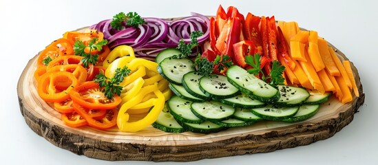 Wall Mural - Serving sliced vegetables on a wooden board against a white backdrop creates a striking presentation.