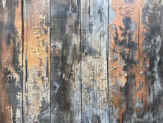 Weathered wooden planks with peeling paint and a rustic texture.