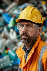 Wall Mural - Portrait of a European environmental consultant conducting a waste audit, high detail, photorealistic, focused expression, studio lighting