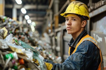 Wall Mural - Portrait of an American worker sorting recyclable materials at a recycling plant, high quality photo, photorealistic, studio lighting, bright environment, focused expression