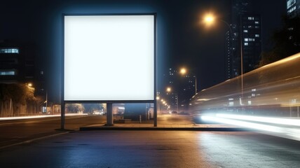 Wall Mural - A mockup of billboard with white color blank space set in between road of city at night. A large big board perfect for advertisement of business to promote product or announcement to public. AIG35.