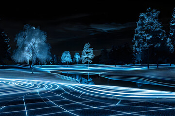 Neon wireframe golf course landscape isotated on black background.