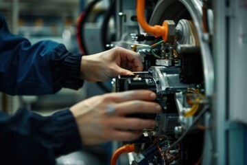 Wall Mural - Close-up of a technician's hands adjusting recycling machinery, high quality photo, photorealistic, precise action, well-lit environment