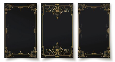 Set Of Three Banner Background - Elegant Gold Ornamental Frames on Black Background Pattern 