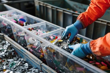 Wall Mural - Close-up of an employee's hands preparing materials for recycling, high detail, photorealistic, precise action, studio lighting