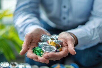 Wall Mural - Close-up of a manager's hands discussing recycling strategies, high detail, photorealistic, engaged action, well-lit setting