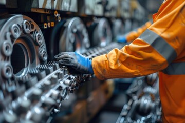 Wall Mural - Close-up of a worker's hands operating recycling machinery, high quality photo, photorealistic, precise action, bright environment