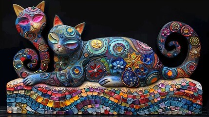 Wall Mural -   A colorful feline figure perched on a rocky surface adjacent to a dark backdrop