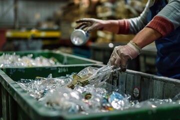 Wall Mural - Close-up of an employee's hands preparing recyclable materials, high quality photo, photorealistic, precise action, well-lit setting