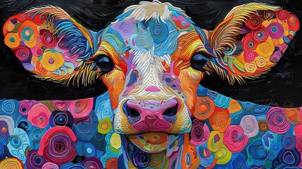 Wall Mural -   A vibrant depiction of a cow adorned with lively circles on its face against a dark canvas speckled with circles