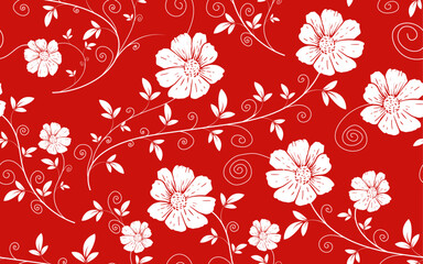 Wall Mural - Floral seamless pattern vintage red white retro style textile fabric texture vector illustration wallpaper background ornamental decorative creative trendy design flower leaf