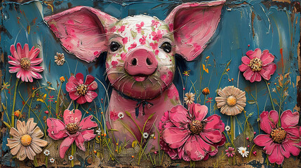 Wall Mural -   A painting of a pig in a field of flowers and daisies on a blue background with a rusted metal frame
