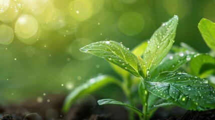 Aufkleber - A leafy green plant with water droplets on it. The droplets are small and scattered, giving the impression of a light rain. The plant is surrounded by dirt, which adds to the natural