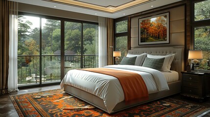 Wall Mural -  A spacious bed rests beside a window overlooking a lush forestscape