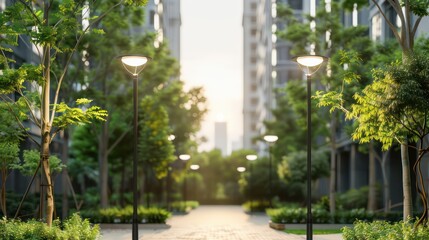 Aufkleber - A city street with tall buildings and trees