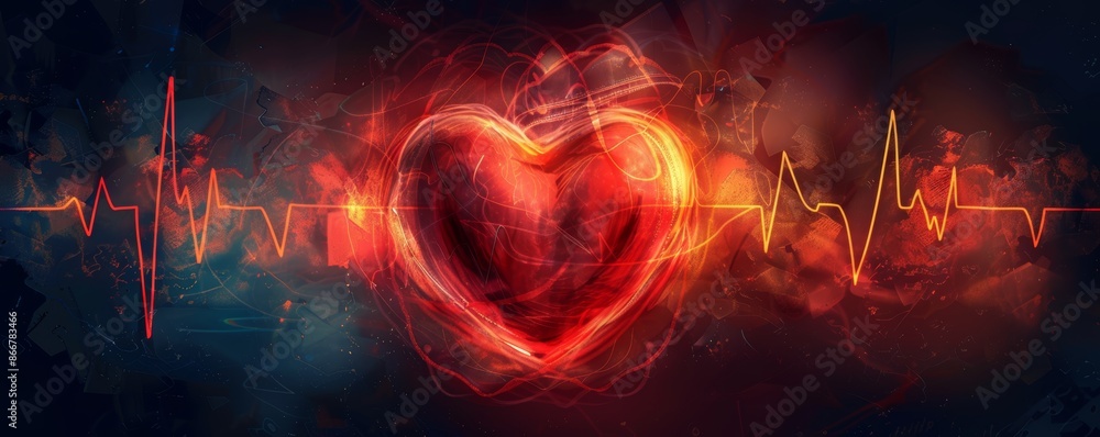 Abstract red heart illustration with ECG lines on a dark backdrop Stock ...