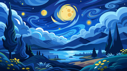 Wall Mural - night landscape with moon