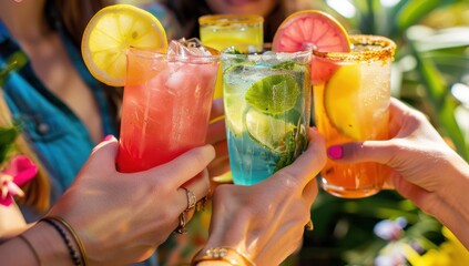A group of friends toasting with colorful cocktails at an outdoor bar, with a close-up on the drinks and their hands holding them Generative AI
