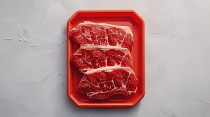 Wall Mural - Raw pork meat on a plastic cutting board on a white surface