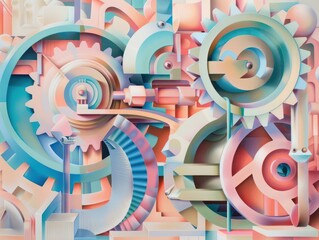 Wall Mural - abstract concept of evolving technology, abstract mechanical elements transforming in pastel colors