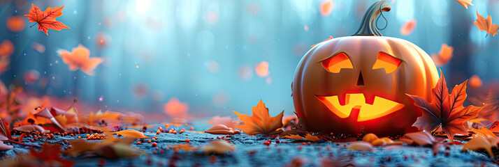 3D Rendered Cute Jack O'Lantern on Maple Leaves. Autumn Holiday. Halloween's Day Concept. Halloween Pumpkin Lamp. Spooky Themed. Advertisment Banner Background with Copy Space