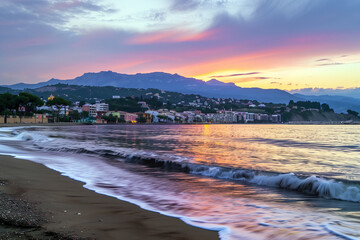 Wall Mural - Scenic Sunset View of a Coastal Town with Mountains in the Background