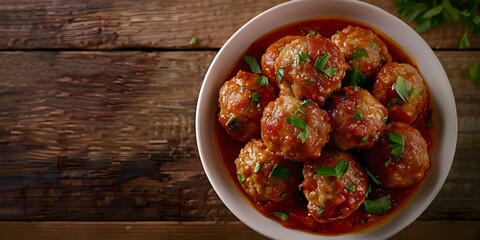 Canvas Print - Overhead view of appetizing meatballs in tomato sauce. Concept Food Photography, Meatball Recipes, Italian Cuisine