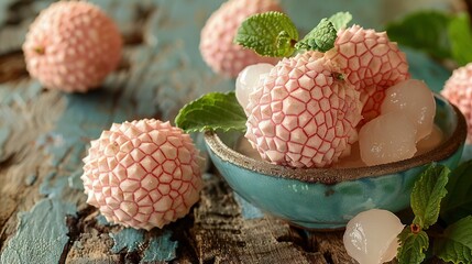 Wall Mural -   A blue bowl brimming with ice and raspberries, nestled atop a wooden table with mint sprigs nearby