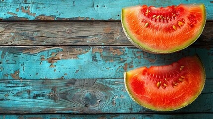 Wall Mural -   Watermelons resting on blue wooden table