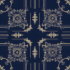 Wall Mural - Gold baroque elements repeating on a seamless blue pattern