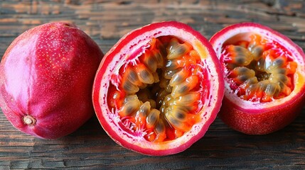 Wall Mural -   A pomegranate cut open sits atop a wooden table, adjacent to an entire one