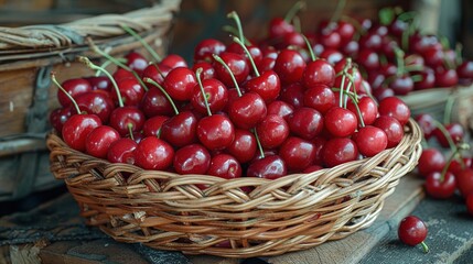 Wall Mural -   Basket brimming with cherries, atop wooden table Cherry-laden baskets nearby