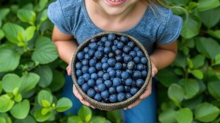 Wall Mural -   A young girl with a blueberry bowl in front of her face against a leafy green backdrop